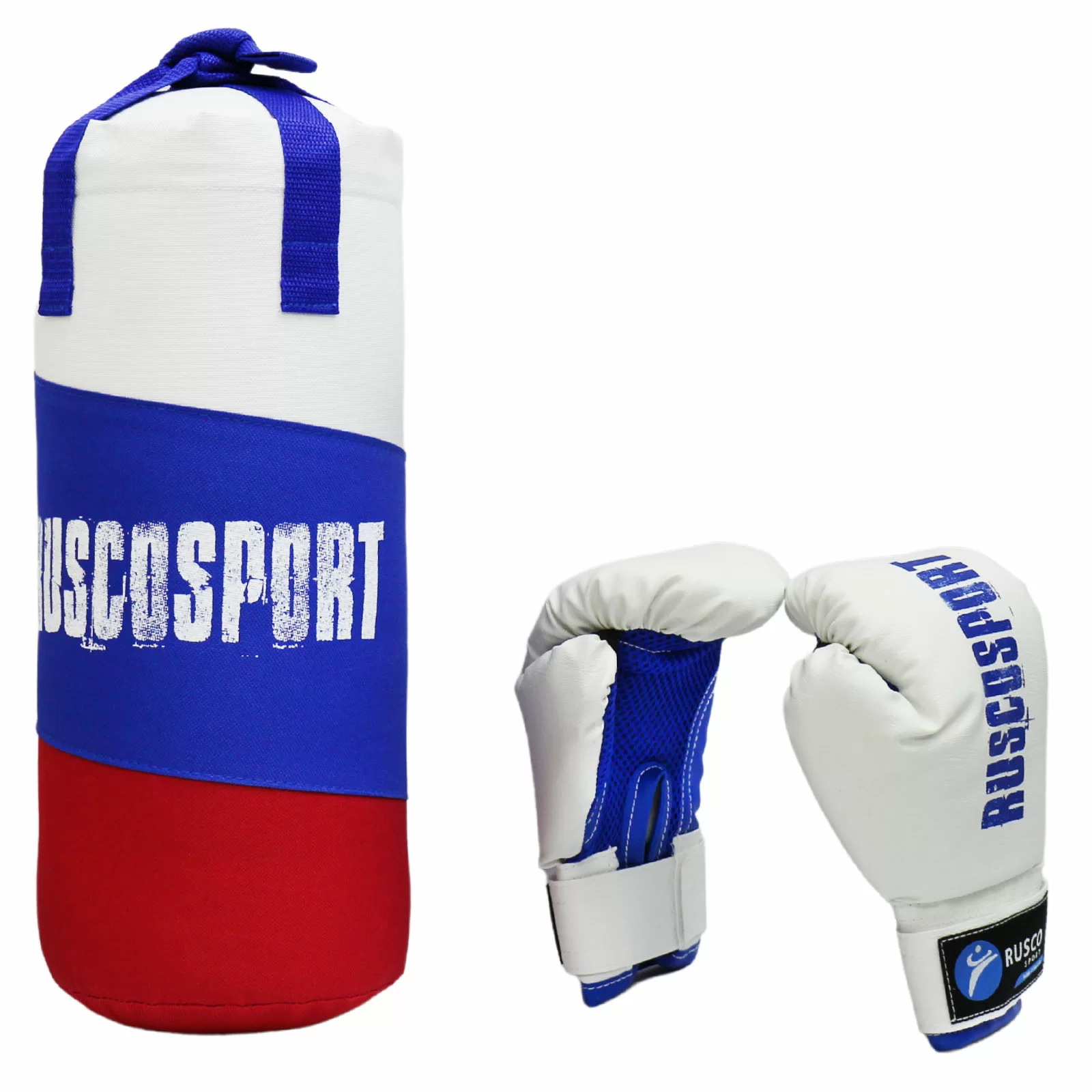 Фото Набор боксерский для начинающих RuscoSport Триколор (перчатки бокс. 4 oz) синий со склада магазина СпортСЕ