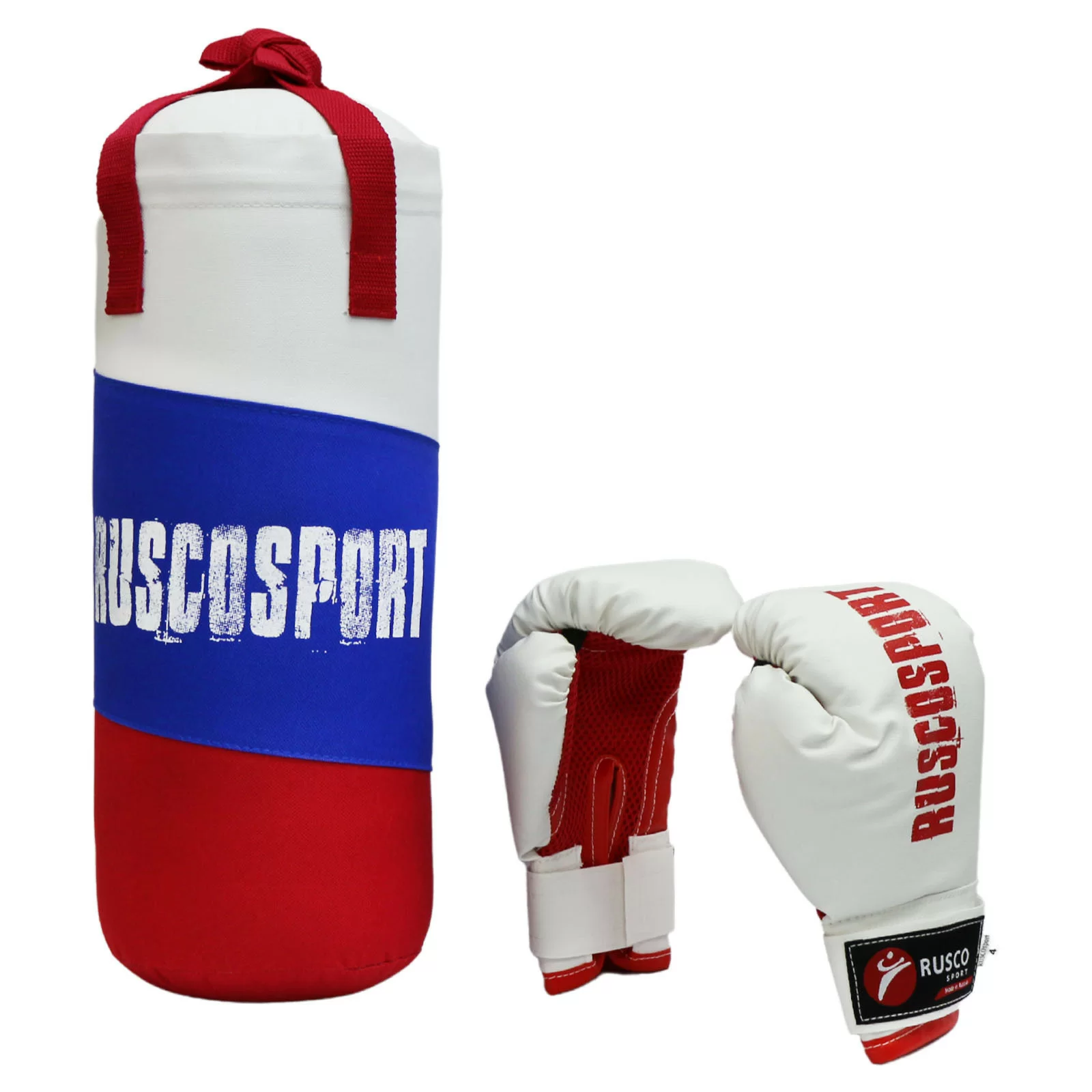 Фото Набор боксерский для начинающих RuscoSport Триколор (перчатки бокс. 4 oz) красный со склада магазина СпортСЕ