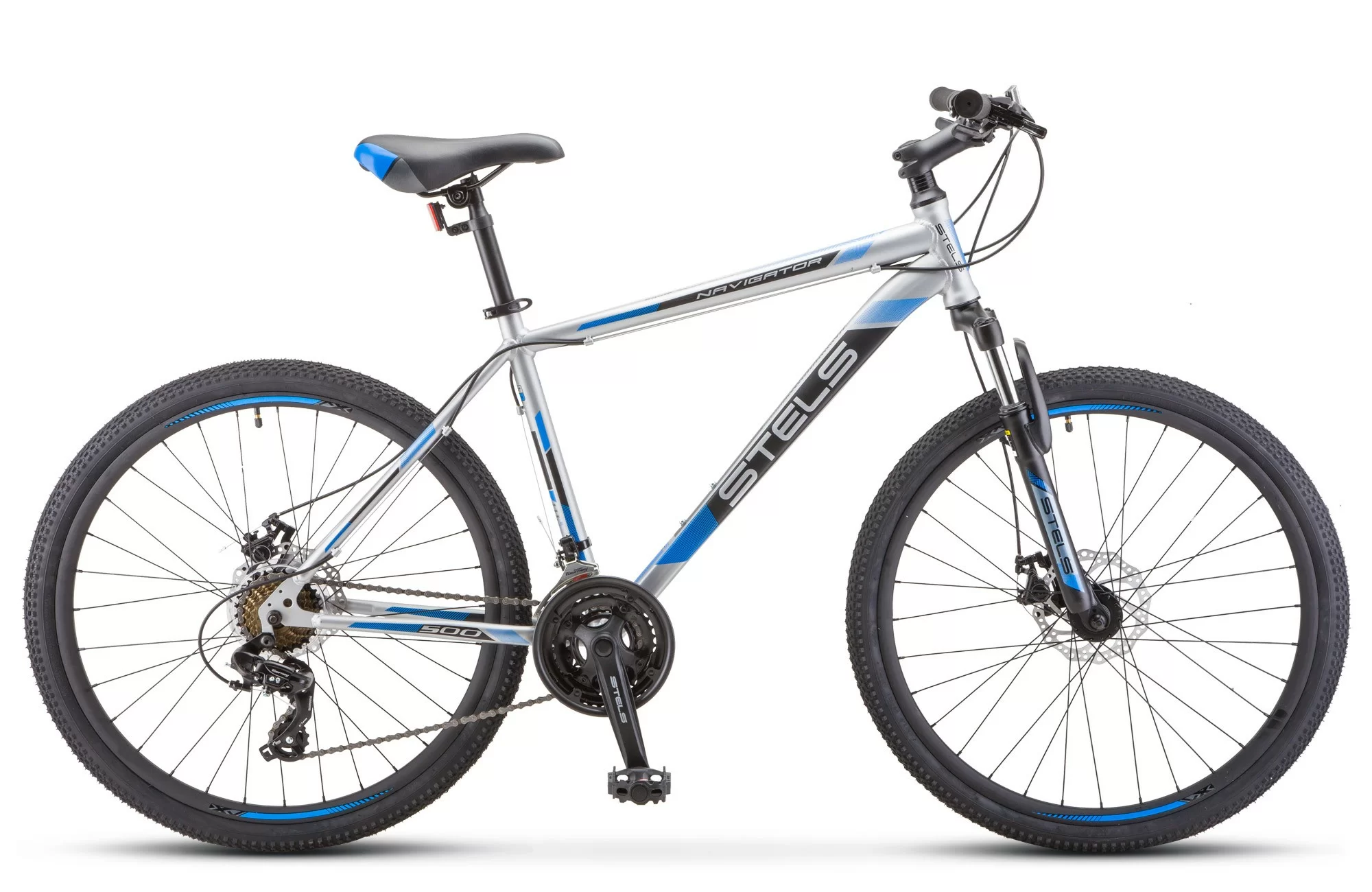 Фото Велосипед Stels Navigator-500 D 26" (2020) серебристый/синий F010 со склада магазина СпортСЕ
