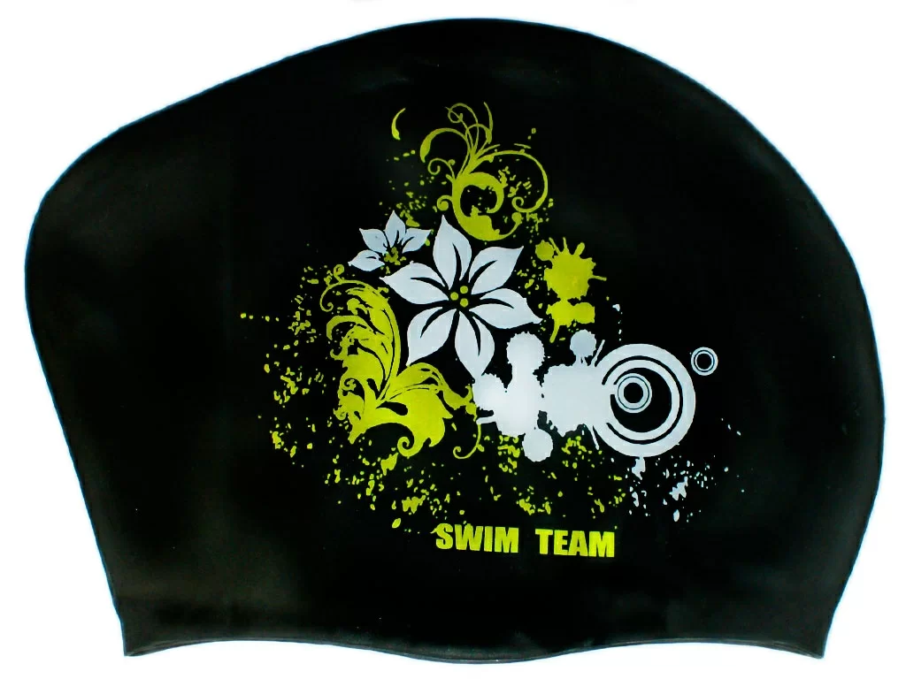Фото Шапочка для плавания Swim team для длинных волос, цветы (черный) KW-F со склада магазина СпортСЕ