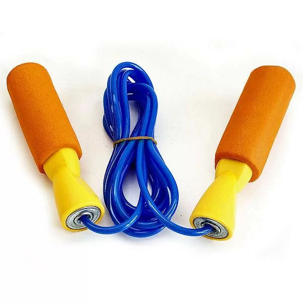 Фото Скакалка 2.8 м с подшипником R18103-3 ПВХ желтые ручки, синий шнур 10014649 со склада магазина СпортСЕ